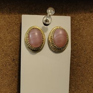 Elegant Gold Color and Pink Oval Earrings